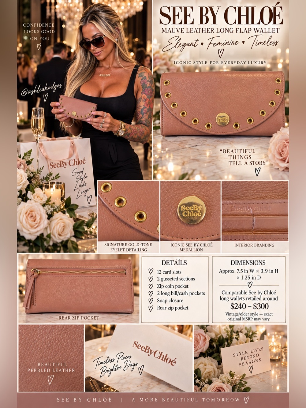 See By Chloé Mauve Pebbled Leather Long Flap Wallet with Gold-Tone Eyelets